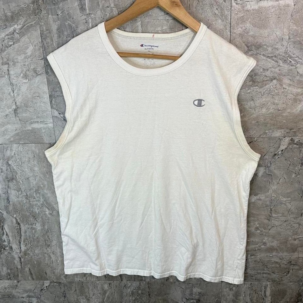 Champion white sleeveless muscle‎ tee  Men's XL #gymwear